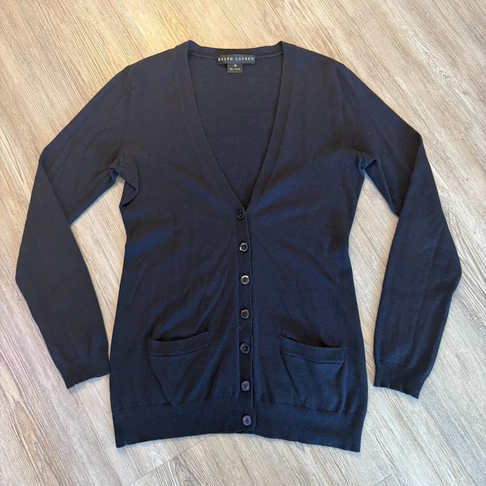 Ralph Lauren Womens Medium 100%‎ Cashmere Black Label Button Navy Cardigan